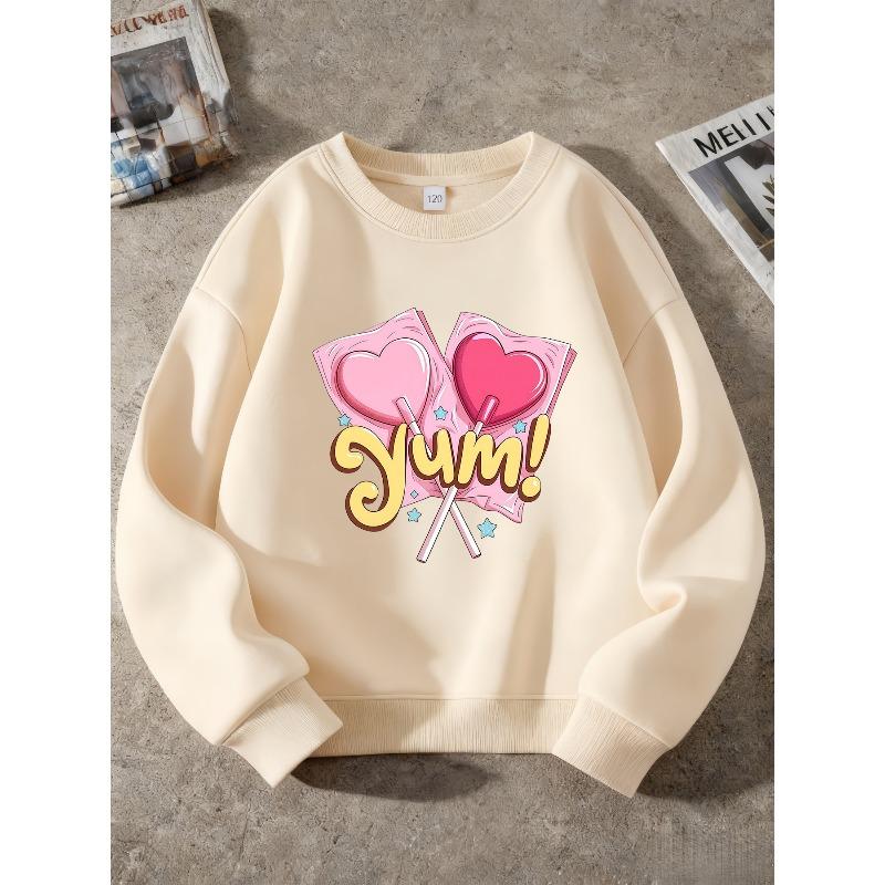 Kids Unisex Black Crewneck Sweatshirt, Yum Pink Heart Lollipop Star Print Long Sleeve Pullover, Soft Casual Sweatshirt for Boys Girls Over 4 Years Old