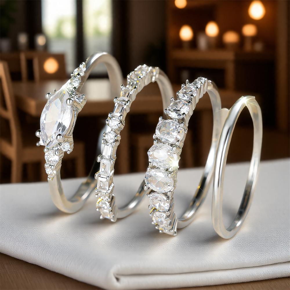 4pcs/set Luxury Crystal White Zircon Ring Sets For Women Vintage Fashion Silver Color Bridal Wedding Bands Engagement