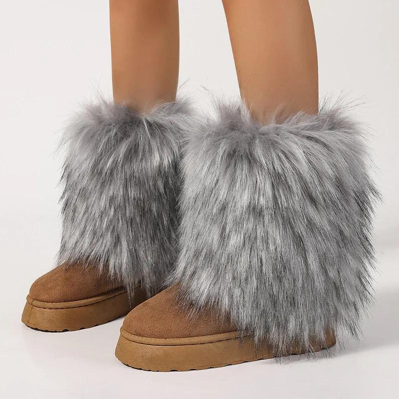 Winter women faux fur snow boots warm short plush lining fluffy fashion furry shoes woman platform suede leather ankle boots