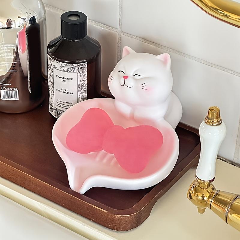1pc Cute Cat Soap Dish - Bathroom Countertop Organizer with Drainage, Non-Slip Base, Pastel Pink & White Decor - Soap Holder