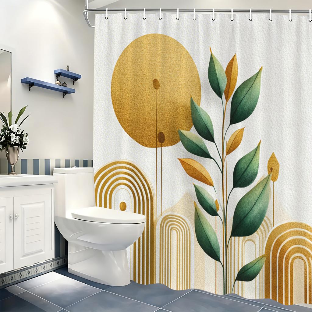 Bohemian Style Tropical Plant & Geometric Print Polyester Shower Curtain - Stylish Bathroom Decorative Curtain