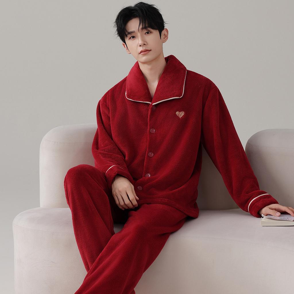 Coral Fleece Red Wedding Pajamas Newlywed Couple Suit Autumn And Winter Thickened Flannel Natal Year Loungewear For Men And Women