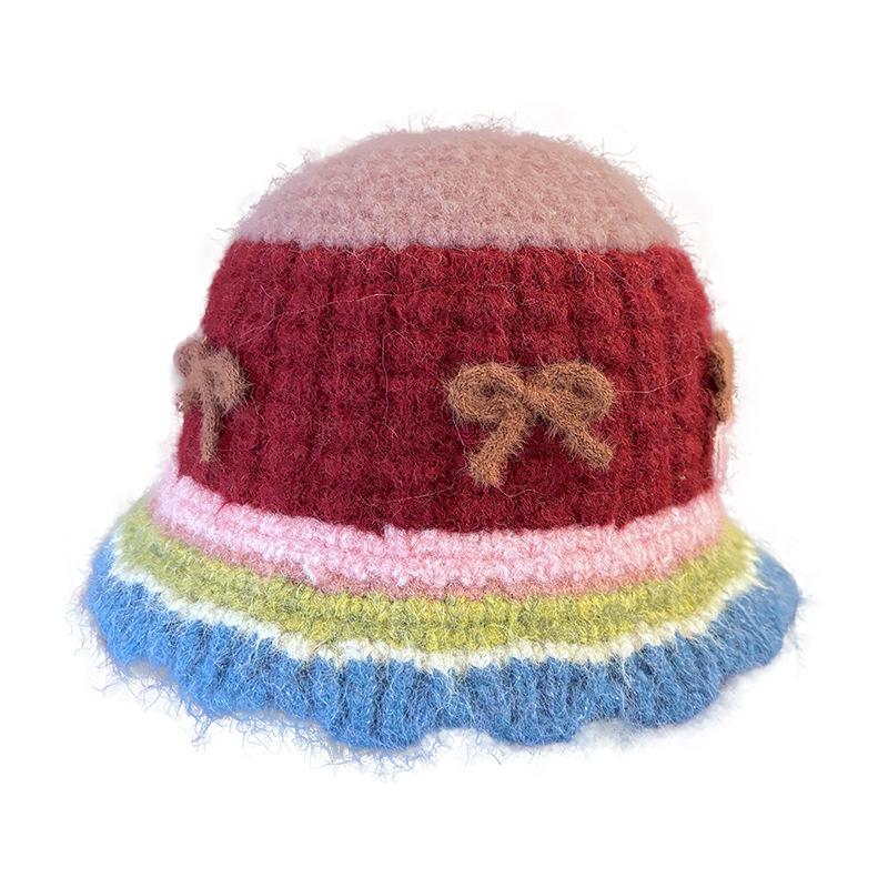 

Autumn and winter knitted hat hat warm wool hat cute bow plush versatile ear protector basin hat червоний
