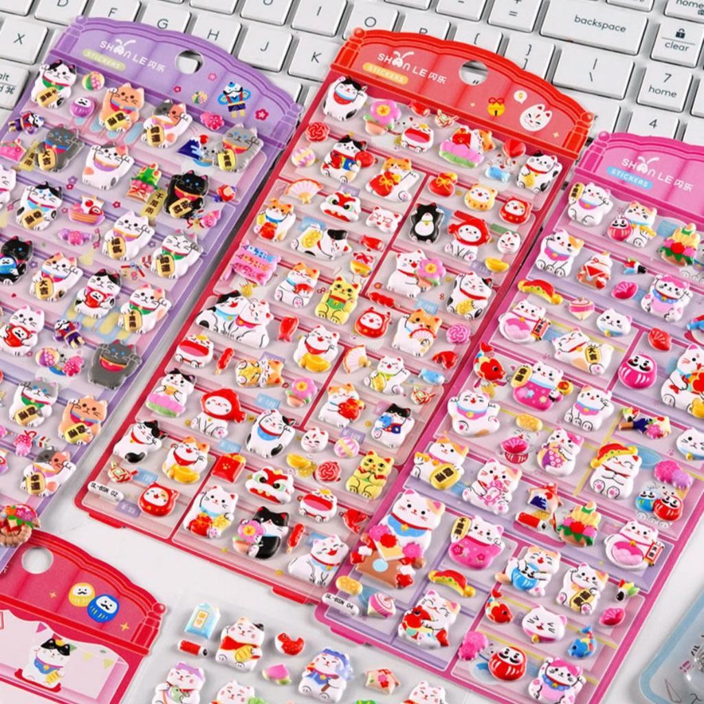 4 Pcs Cute Lucky Cat Puffy 3D Stickers Scrapbook Decor Stationery Diy Journaling Sticker School Office Supplies Diary Stickers
