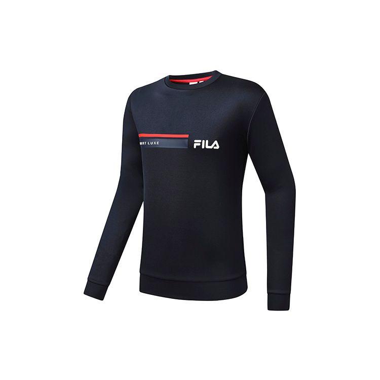 FILA Letter Print Tennis Sports Knit Crew Neck Pullover Sweatshirt Men sweatshirt Dark-Blue A11M313203FNV