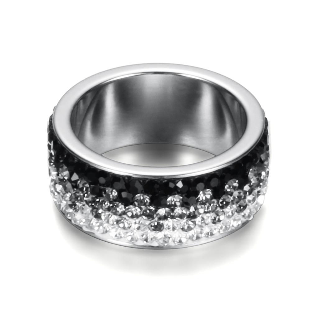 VQYSKO Jewelry Bling Charms Rings For Women AAA Crystal Elegant Stainless Steel Rings With white and black Crystals