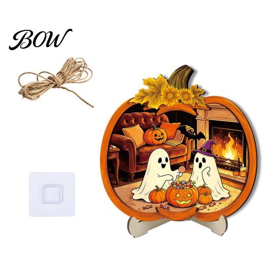 Cool Patterned Ornaments Halloween Door Sign, Glowing Ghost Hanging Decor, Wooden LED Window Festive Theme Ornament for Party, Spooky Wall Pendant