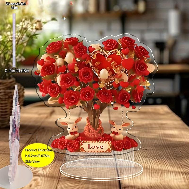 Bohemian-Style Crystal Heart-Shaped Rose Tree with Red Roses & Golden Hearts - "Love" Inscription, No Batteries Needed, Romantic Home Decor for Vale