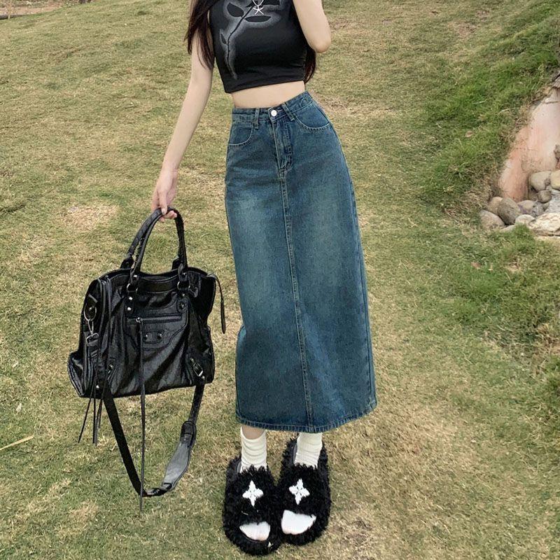Denim Skirt High Waist Split A Line With Vintage Wash For Summer Casual Wear