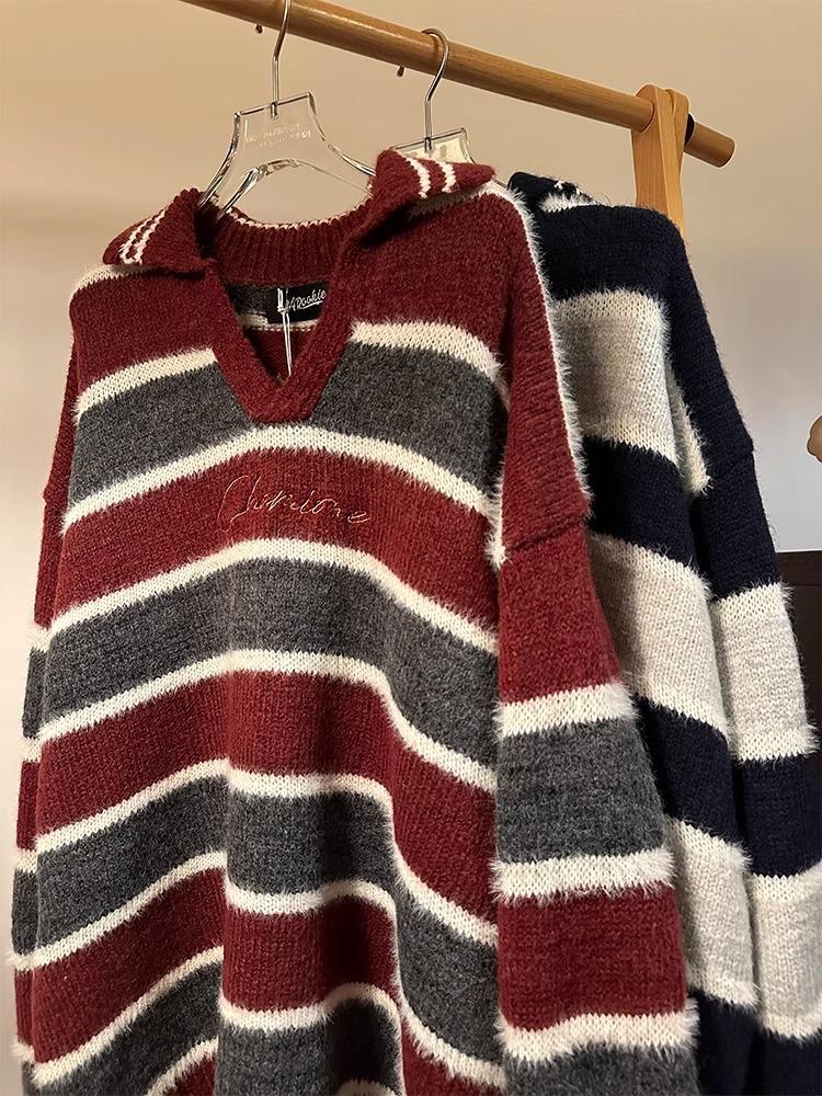 Men s Trendy American Retro Striped Knit V-Neck Sweater for Autumn/Winter Double Extra Large