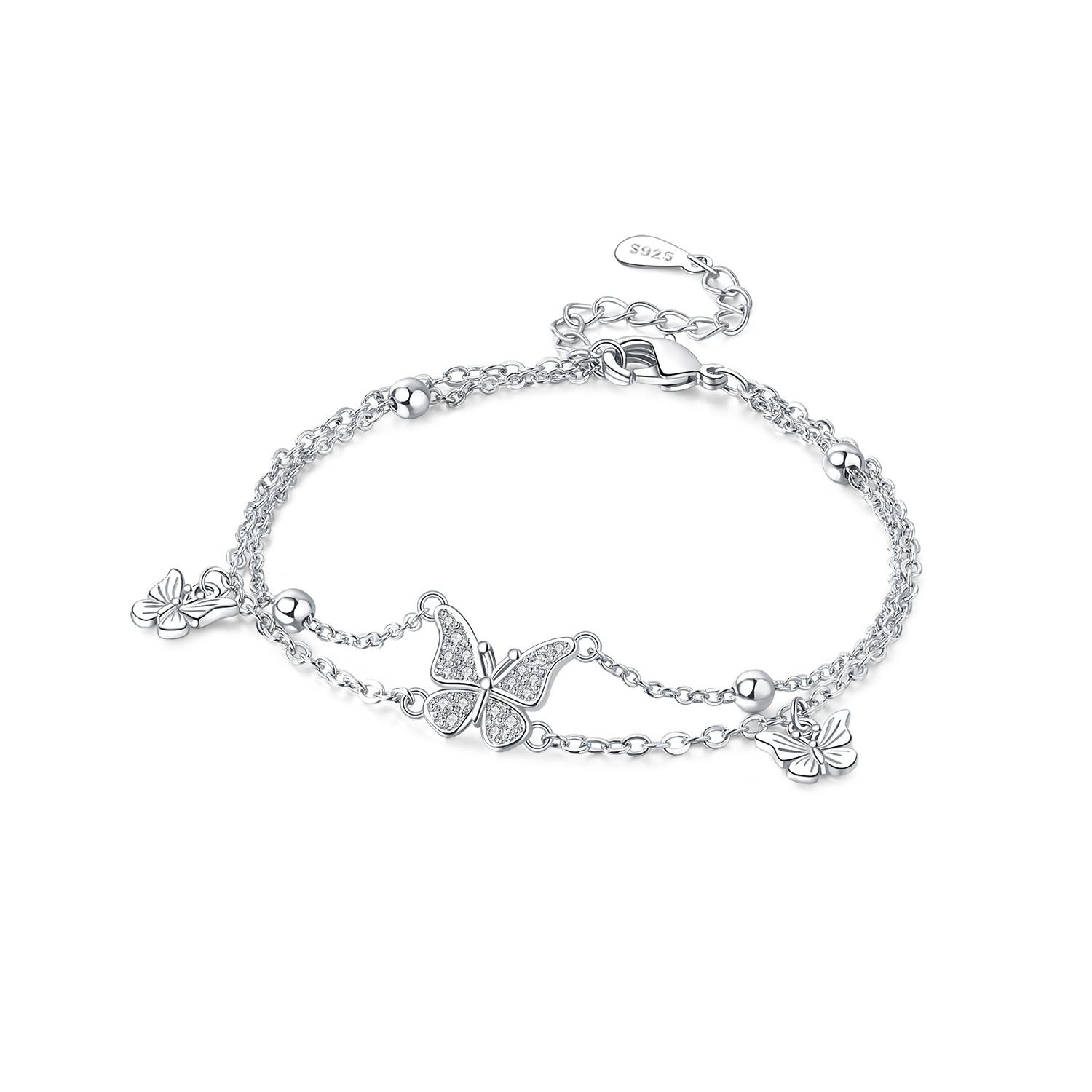 

New 925 Silver Butterfly Double-layer Bracelet Chain Link Women Bracelet Jewelry Party Trendy Anniversary Gift