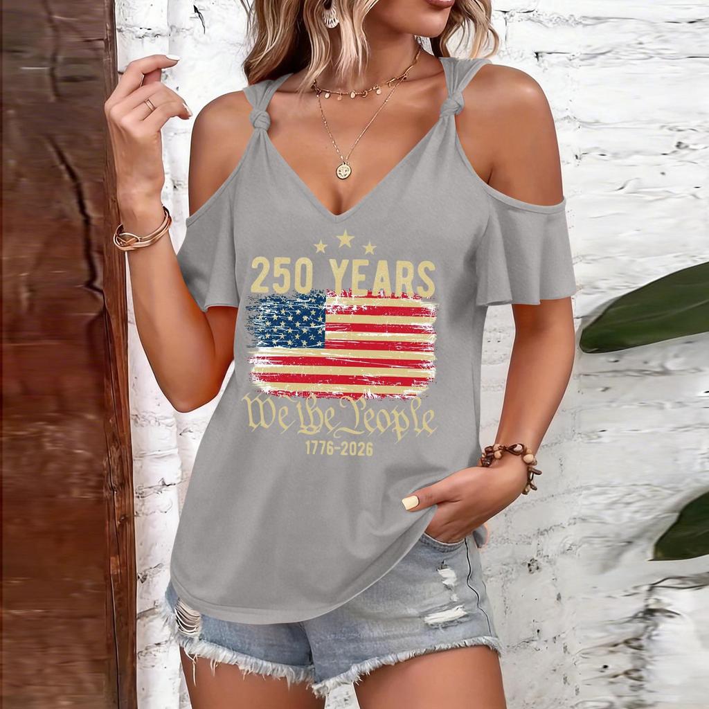 Women’s Casual Cold Shoulder Short Sleeve Top with 250 Years We The Print and Tie Strap Round Neck for Summer Fashion Wear