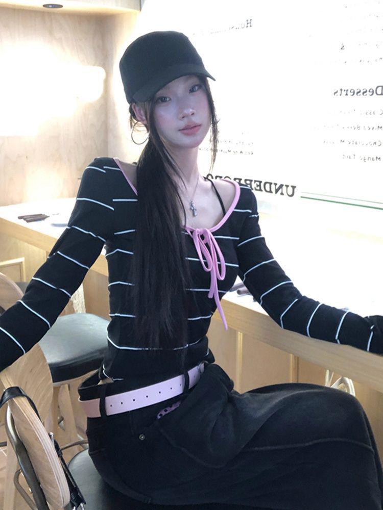 Women's Slim-Fit Color-Block Striped Lace-Up Long-Sleeve Top - Autumn Style, Figure-Flattering, Round Neck, Versatile Design
