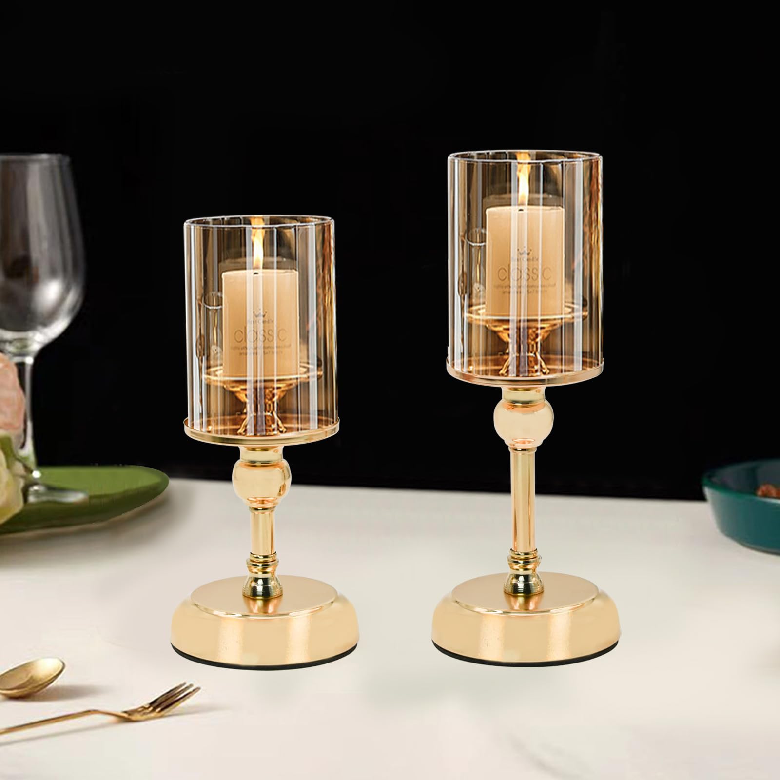 MrMrKura Gold Candle Holder, Set of 2, Glass Covered, Tealight Candle Holder, Antique Style, Scandinavian Design, Large, Tabletop, Gift (M+S)