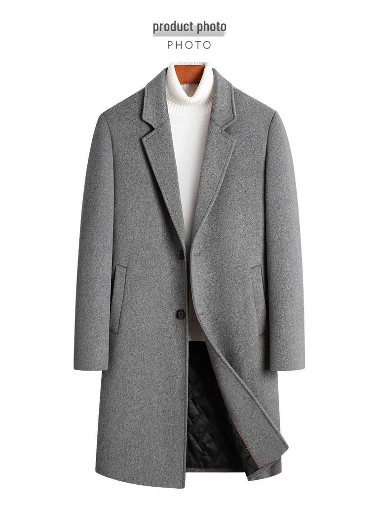 Men's Mid-Length Wool Overcoat with Cotton Padding and Suit Collar - Casual Plus Size