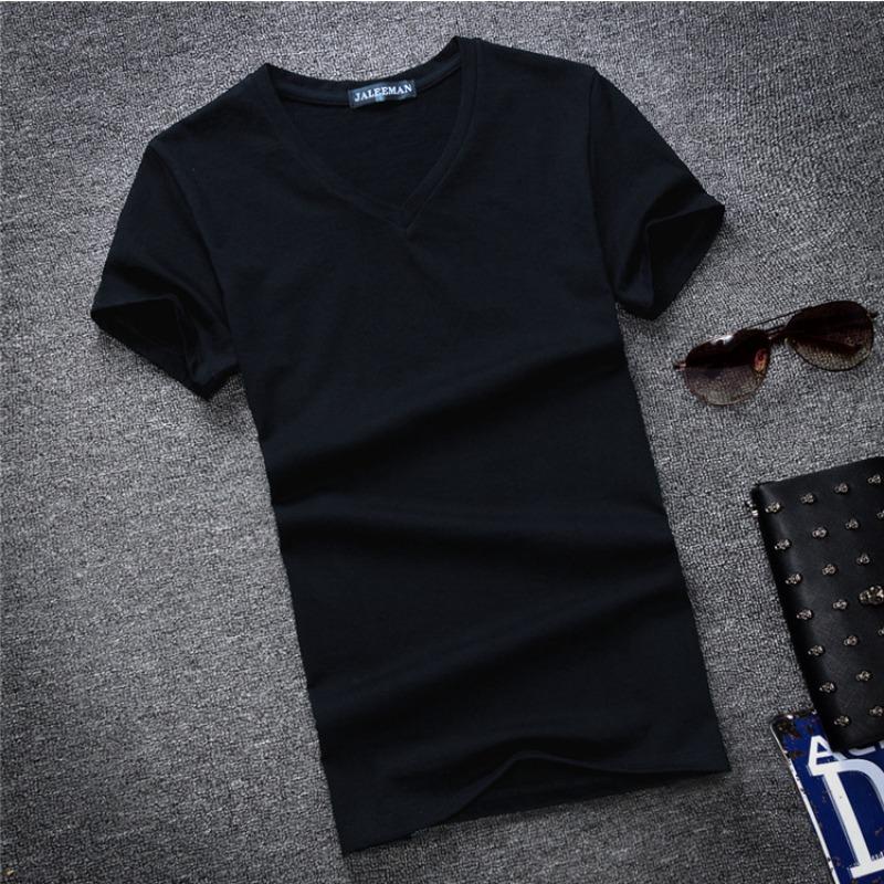 QICED Men's Tide Cotton Short Sleeve Summer Solid Colour V-Neck T-Shirt