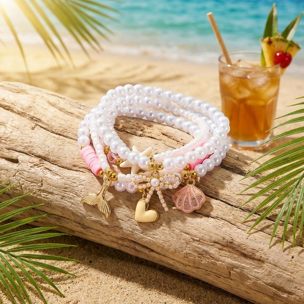 5Pcs/Set Stackable Mermaid Tail Elastic Bracelet for Women Boho Starfish Conch Shell Beaded Bracelets Vacation Jewelry Gift