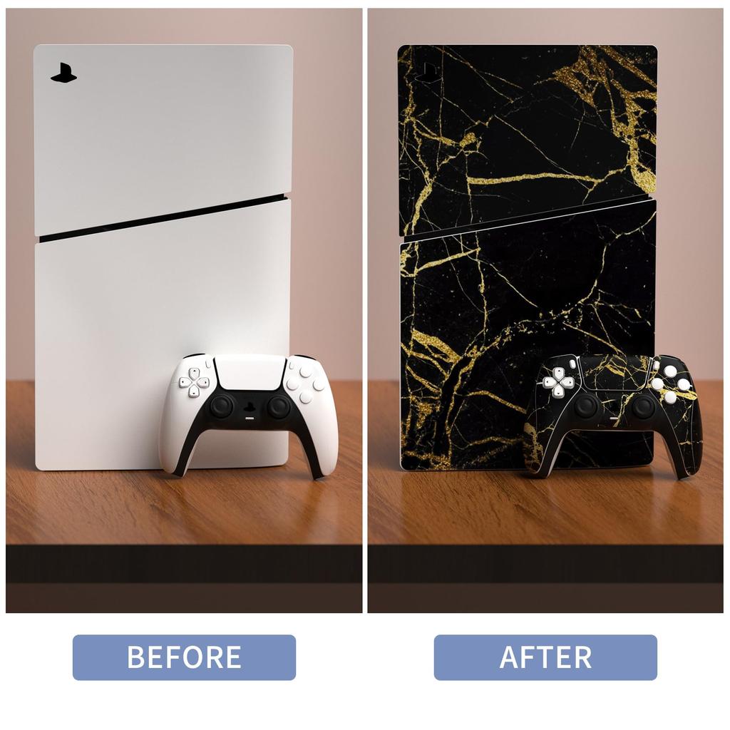 PlayVital Skins for the New PS5 Slim (Disc Version), PS5 Controller, PS5 Headset, Charging Station, and Remote Control [Black & Gold Marble Effect]