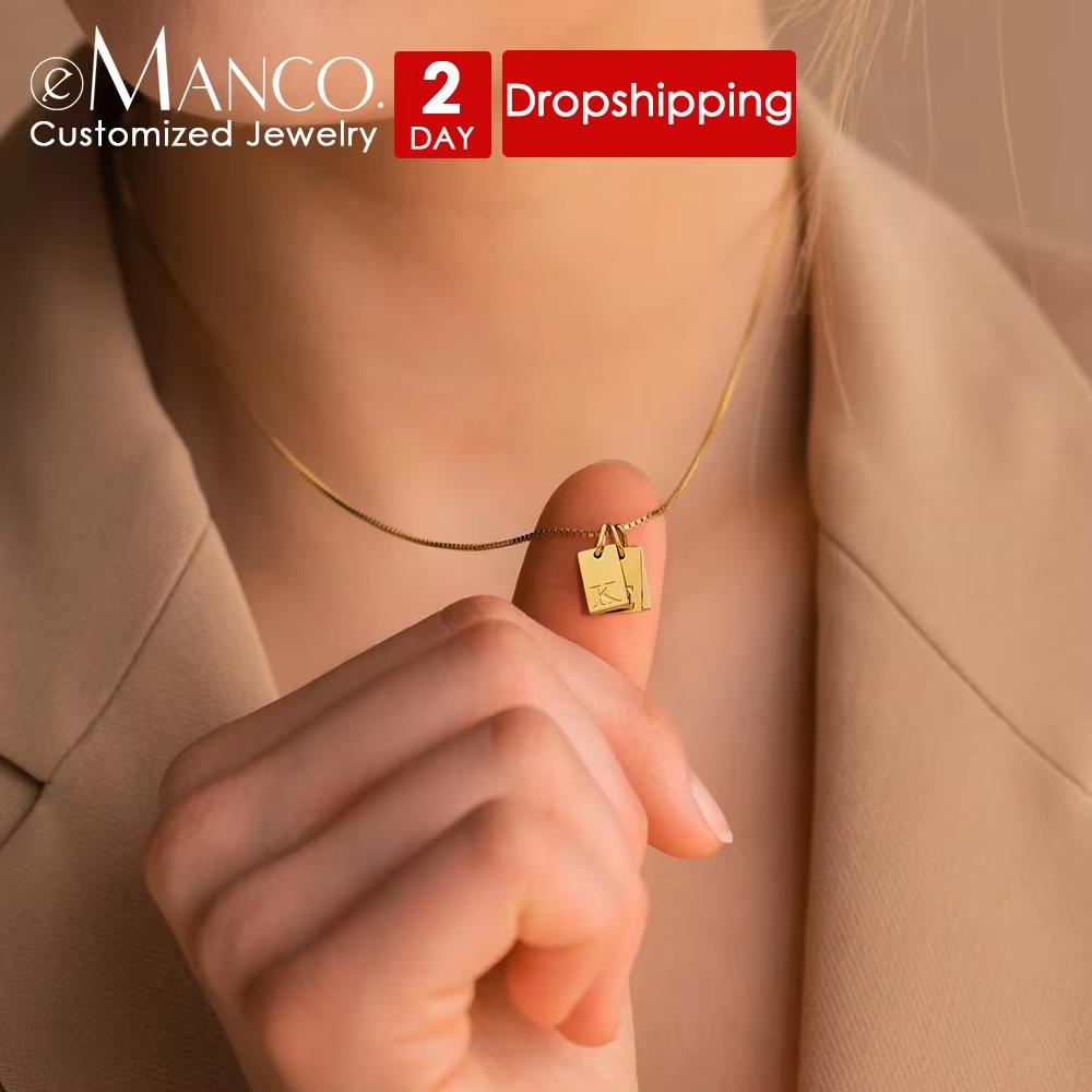 EManco Minimalist Letter Initial Jewelry Women Stainless Steel Custom Name Rectangle Engraved Alphabet Pendant Necklace 1 letter золотой