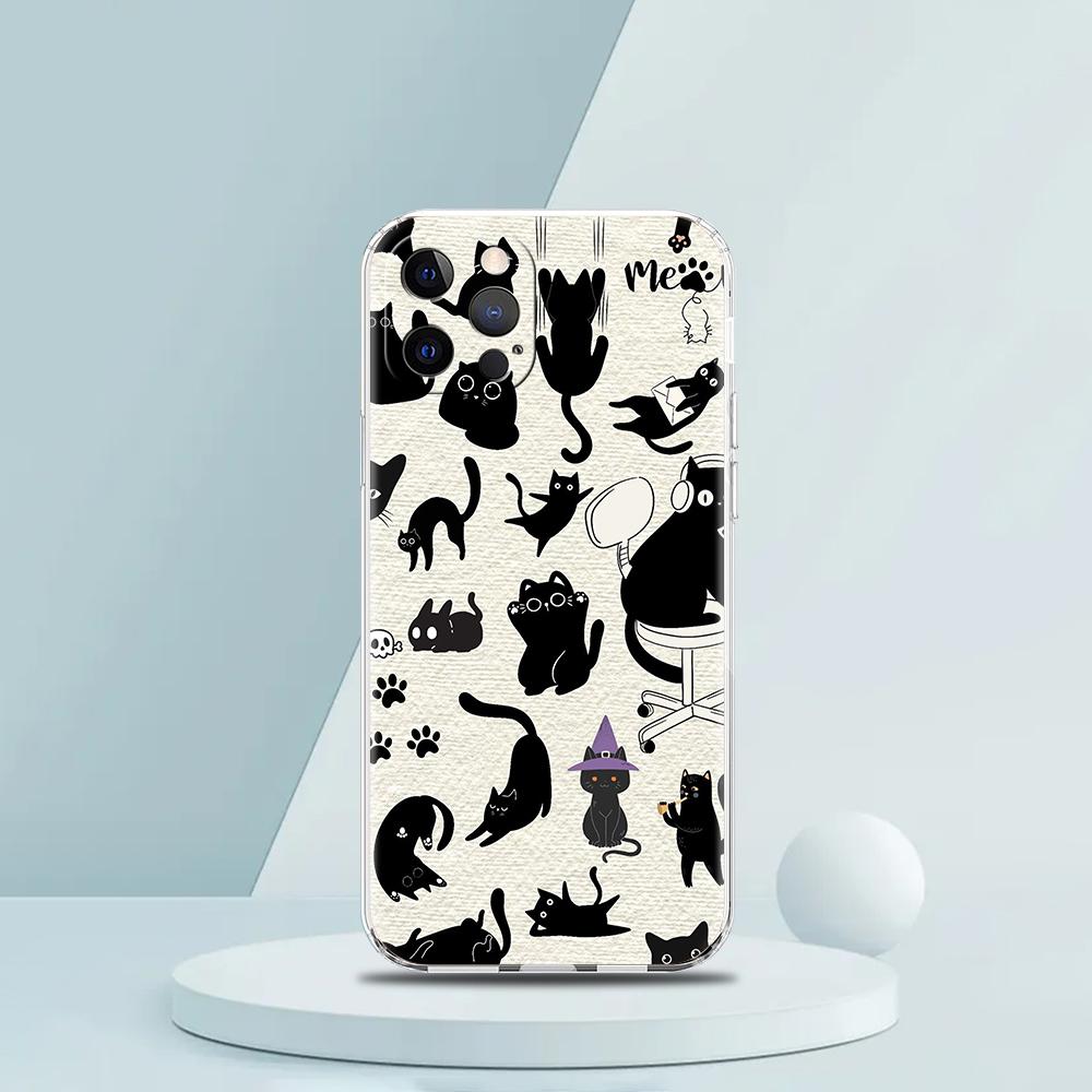 Soft TPU Transparent Phone Case Cover for iPhone 16 15 14 13 12 11 Pro Max XR 8 7 Plus Shockproof Shell Cute Cartoon Cat Pattern