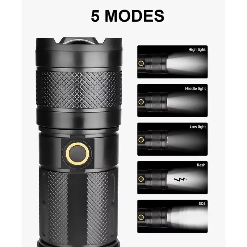100000 ლმ ულტრა მძლავრი LED ფანარი, მრავალჯერადი დატენვის ტიპი-C ფანარი, შორ მანძილზე 2000 მ, ტაქტიკური ფანარი თევზაობისთვის, ნადირობისთვის