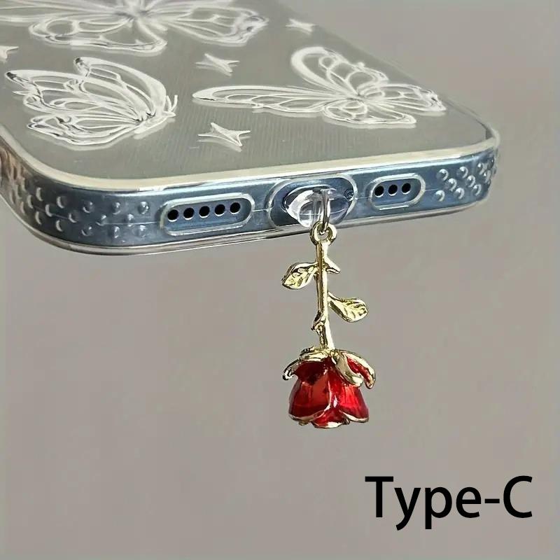 

Red Rose Phone Dust plug Accessories Decoration Hanging Pendant for iPhone for Samsung Type-C Charging Port