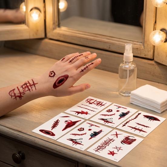 Disposable Horror Theme Props 30Pcs Halloween Scar Tattoo Stickers, Realistic Fake Wound Decals for Water Transfer Film Paper Face Body, Waterproof