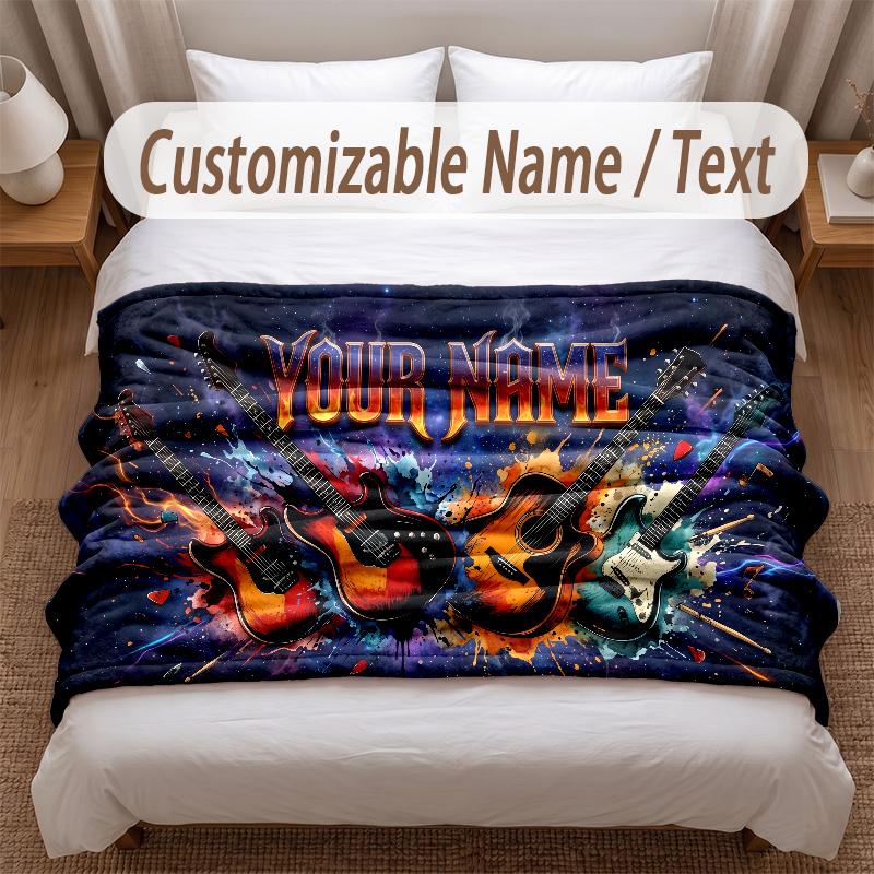 Music Guitar Theme Soft Blanket Personalized Custom Name Text Print Warm Blanket Home Sofa Bedroom Decor