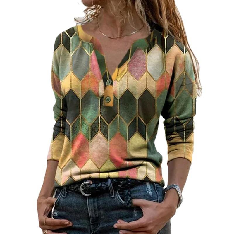 Summer New Long-sleeved Digital Printed V-neck Pullover Long-sleeved Loose Bottoming Shirt T-shirt for Women