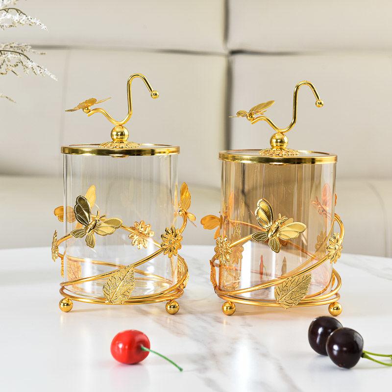 Modern Metal Glass Storage Jar Modern Candy Clear Glass Decorative Jar Golden Butterfly Storage Bottle Home Decoration Ornaments