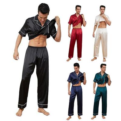 2Pcs/Set Silk Satin Men Pajama Set Notch Collar Button Down Pajama Top with