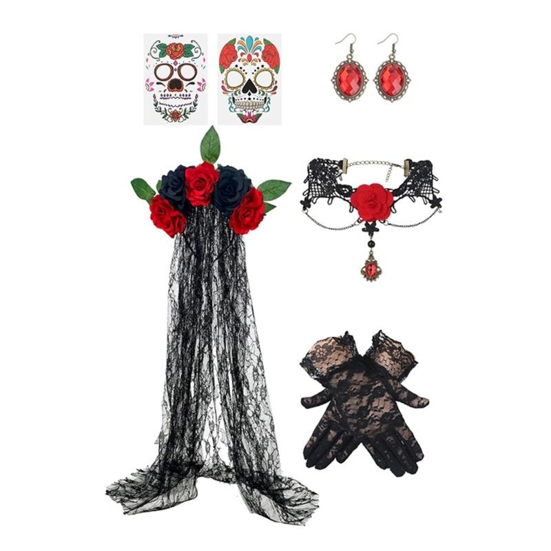 Mexicans Day of The Deads Costume Halloween Sugar Skull Roses Temporary Tattooed Veil Headpiece Lace Gloves Earrings