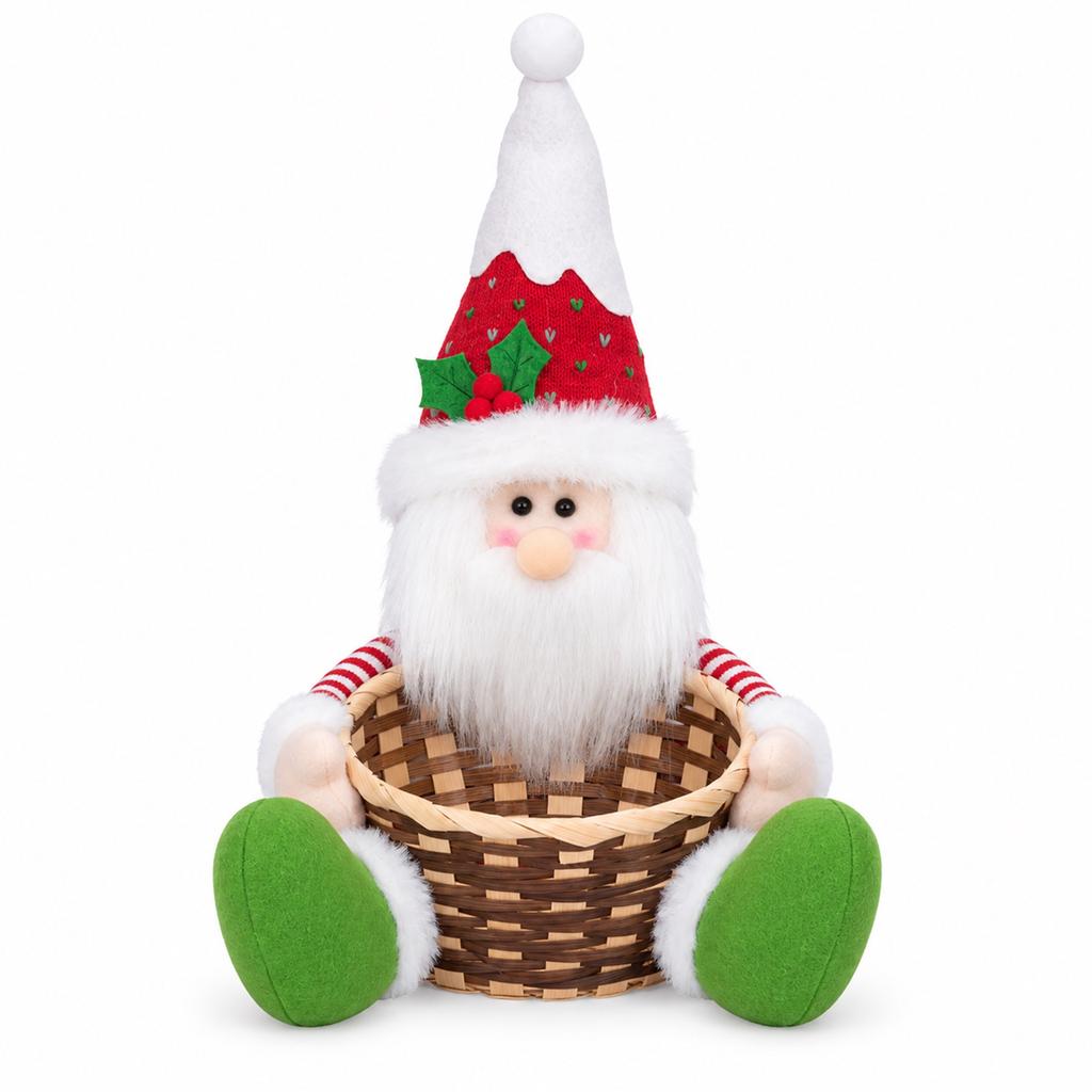Christmas Woven Candy Basket with Santa and Snowman Figures, Desktop Storage Box for Holiday Party Decorations