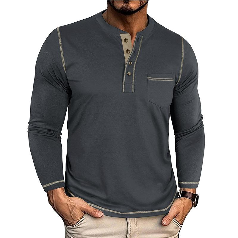 Men Vintage Contrast Color Crew Neck Long Sleeve Pocket Casual Henley T Shirt