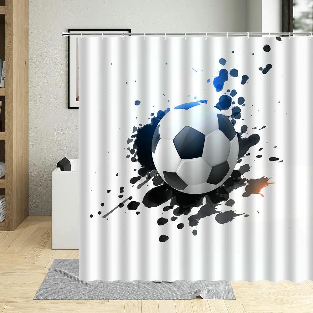 Football Sports Design Shower Curtain, Polyester Fabric, Waterproof, Boys Home Decor, Screens with Hooks, Cartoons Bathroom