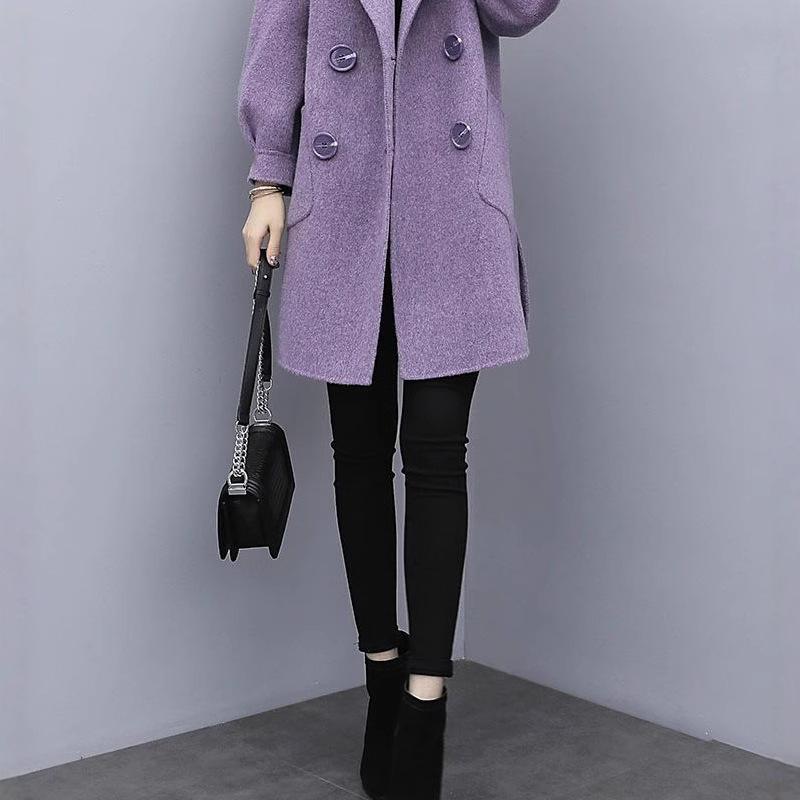 Coat Women's Autumn and Winter New Style Mid-length Lantern Sleeve Petite Purple Woolen Coat Women