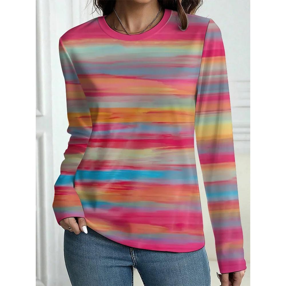 

Stripe 3D Digital Printed Women s Harajuku Style Casual Round Neck Long Sleeved T-shirt 5XL амарантовый