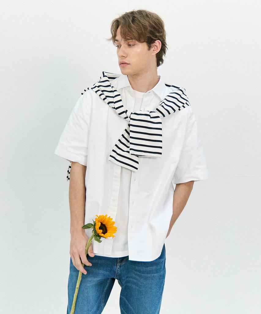 BASIC HOUSE Oxford Semi-Overfit Short Sleeve Shirt White Lzws3101