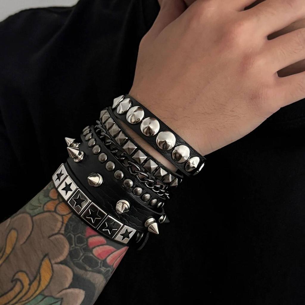 3Pcs/Set Hip Hop Spike Rivets PU Leather Bracelet for Men 2026 New Trend Goth Wristband Bangle Grunge Jewelry Steampunk
