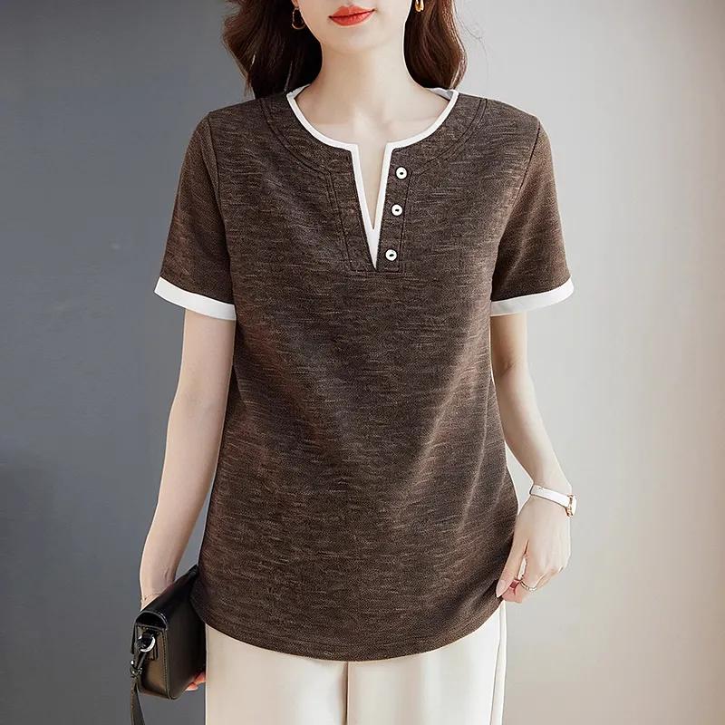 Contrast Color Casual Short-sleeved T-shirt for Women Summer New Style Western Style Shirt Large Size Loose Top