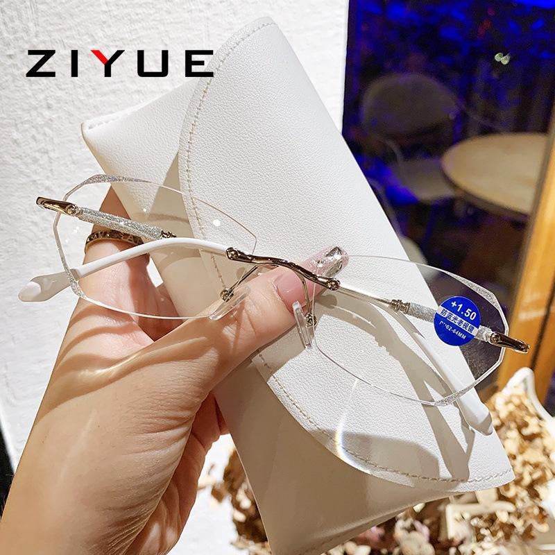 Fashion Diamond Trimmed Frameless Reading Glasses Women's Middle-aged and Elderly Anti-Blue Light Reading Glasses Polygonal Simple Glasses Frame