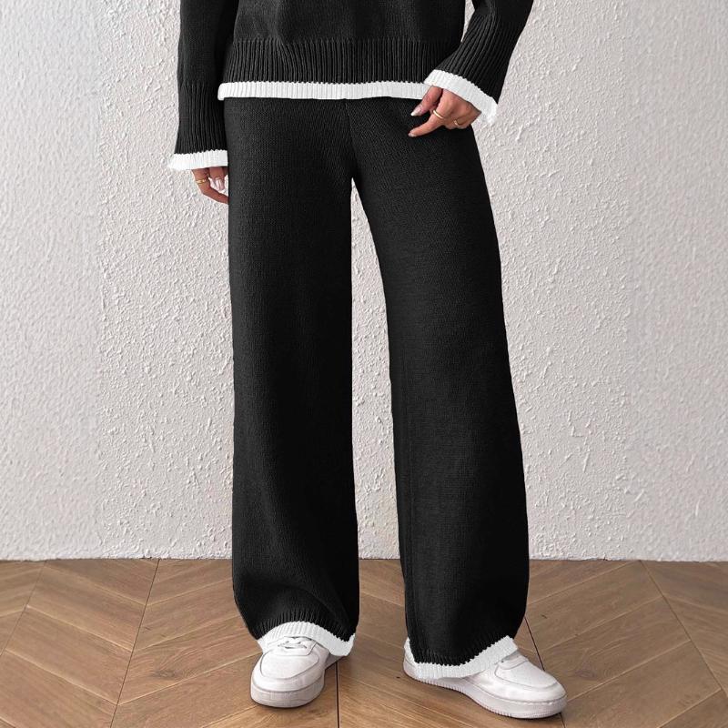 Damen Wollhose Strickpullover Lässig Kontrastfarben Spleißen Hohe Taille Gerades Bein Weitbein Hose