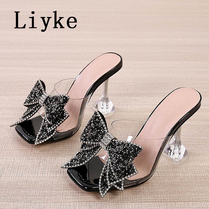 Fashion Liyke Fashion Crystal Sequined Bowknot Women Slippers Sandals Strange Style Clear Heels Open Toe PVC Transparent Shoes Size 46