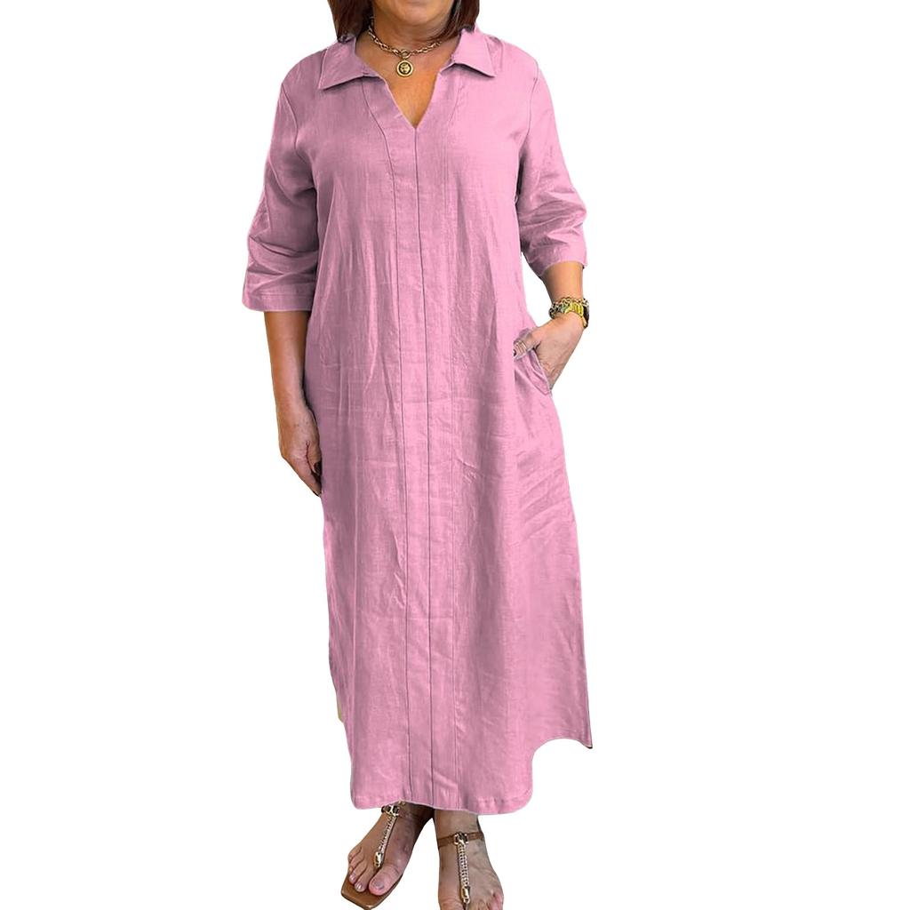 Women's Fashionable Loose-Fit V-Neck Casual Cotton-Linen Blend Shirt Dress