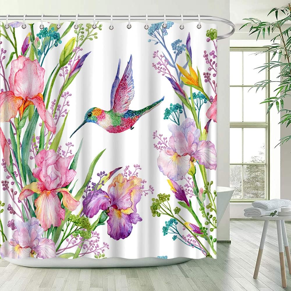 

Hummingbird Floral Shower Curtain Watercolor Flower Plant Tropical Green Leaves Bird Butterfly Bathroom Decor Fabric with Hooks 35x70inch-90x180cm