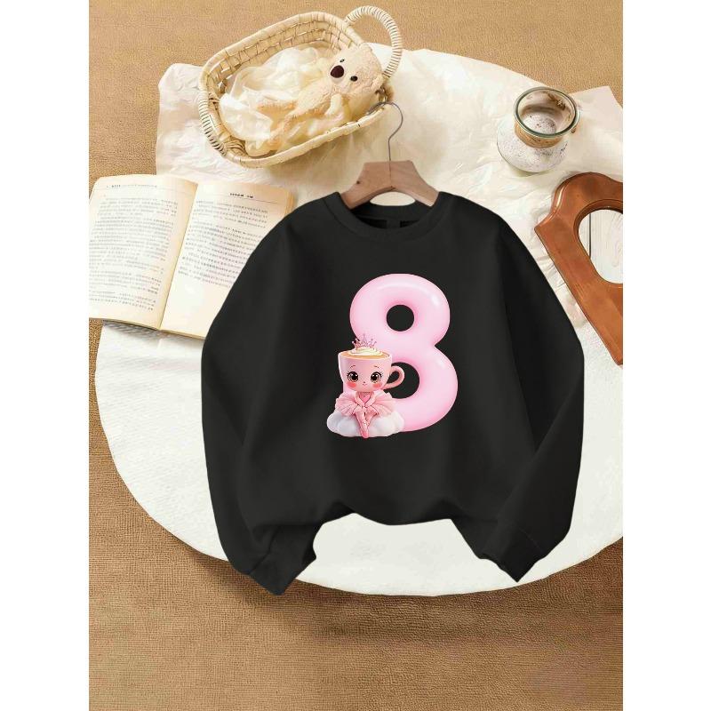 Kids Girls Crewneck Sweatshirt, Pink Number 8 Cute Ballet Coffee Cup Cartoon Birthday Print Soft Fleece Pullover For 8th Birthday