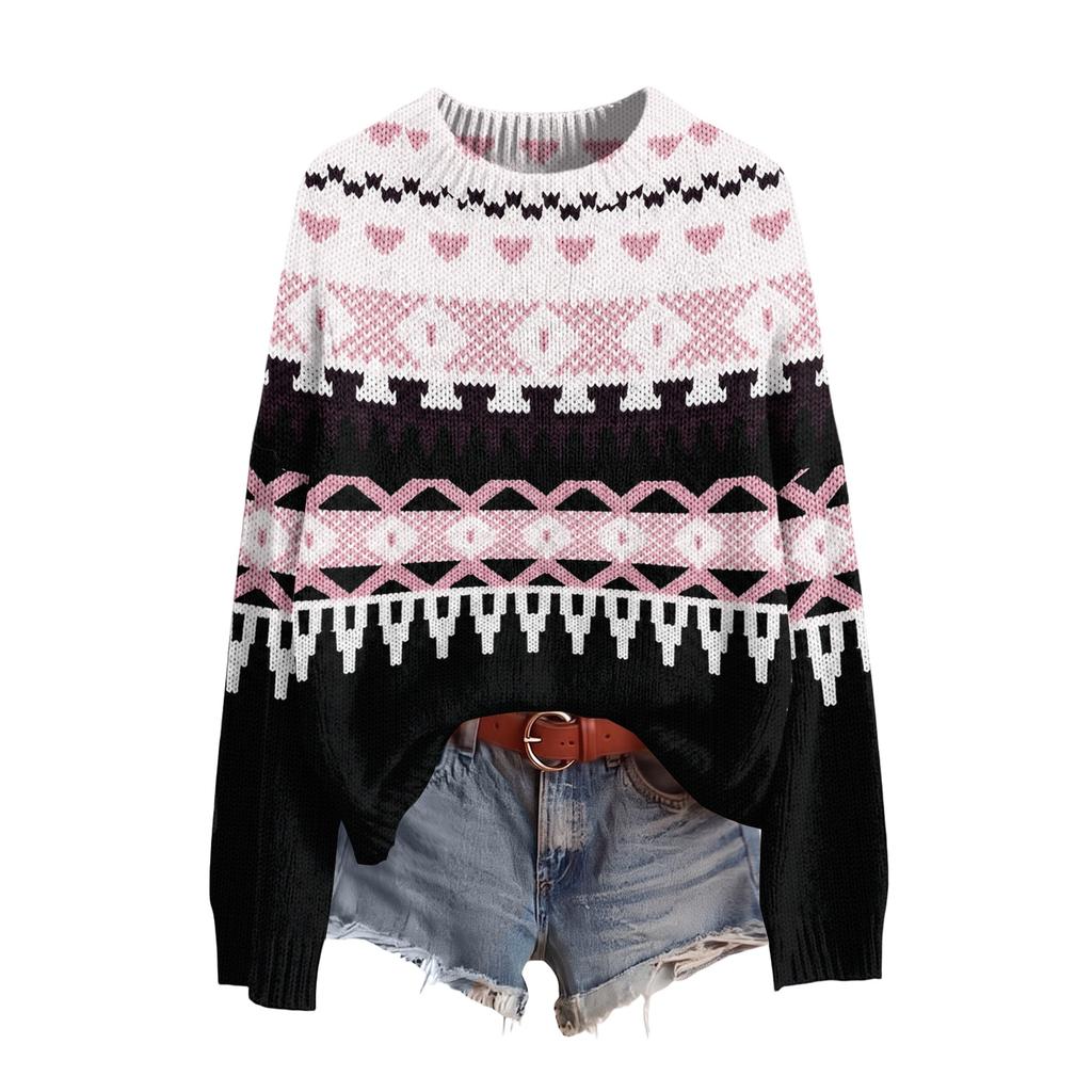 Women's Soft Printed Neck Long Sleeve Sweater for Fall and Winter