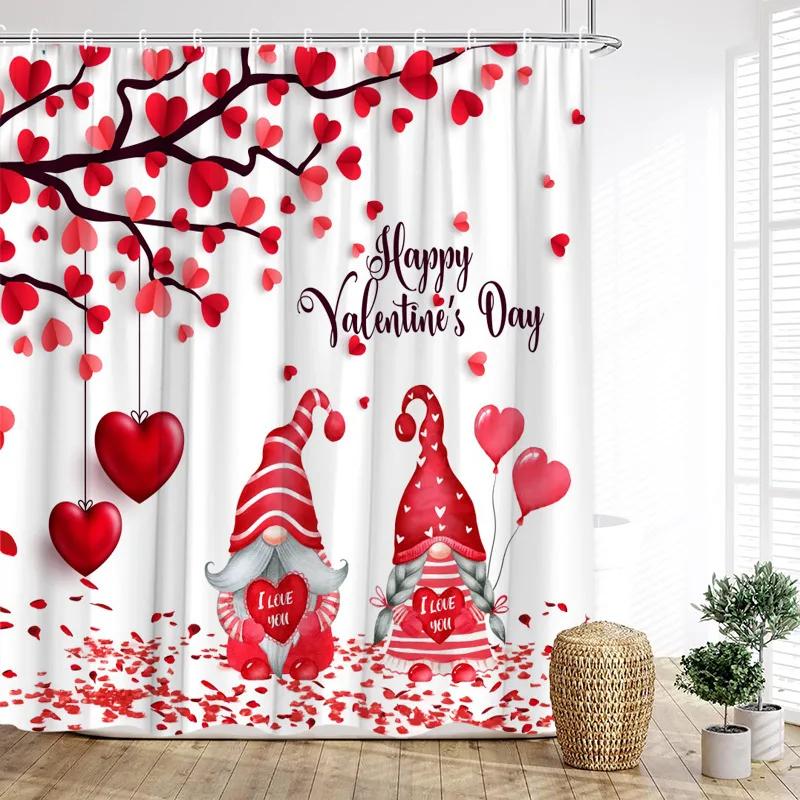 Red Rose Shower Curtains Romantic Blooming Floral Butterfly Valentine's Day Bathroom Decor Polyester Bath Curtain with Hooks