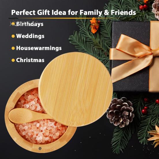 Reusable Wooden Seasoning Box Wood Salt Container with Swivel Magnetic Lid, Built-in Spoon Decorative Spice Keeper Jar, Moisture Proof for Kitchen