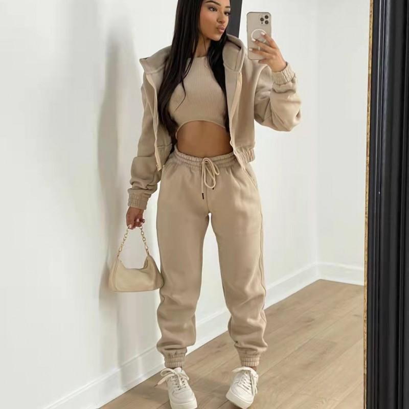 Womens 2026 Warm Fleece-Lined Hooded Sweatshirt Set 3-Piece Casual Streetwear Outfit In Pink Orange Gray Black Brown Khaki